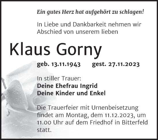 Traueranzeige von Klaus Gorny von Trauerkombi Bitterfeld