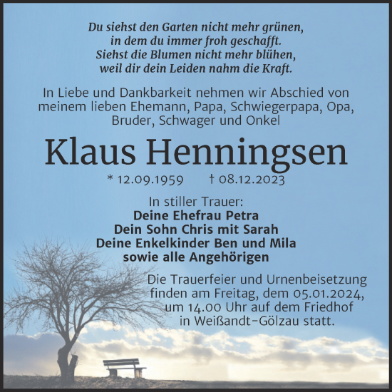 Traueranzeige von Klaus Henningsen von Trauerkombi Köthen
