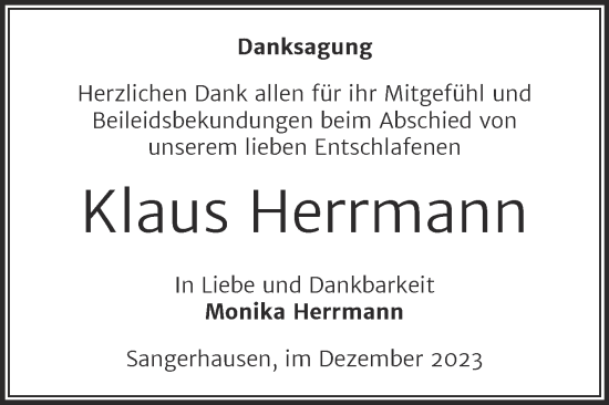 Traueranzeige von Klaus Herrmann von Mitteldeutsche Zeitung Sangerhausen
