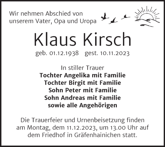 Traueranzeige von Klaus Kirsch von Trauerkombi Wittenberg