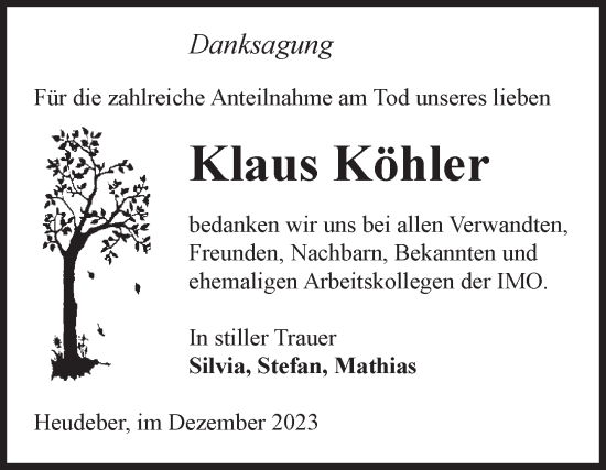 Traueranzeige von Klaus Köhler von Volksstimme Wernigerode