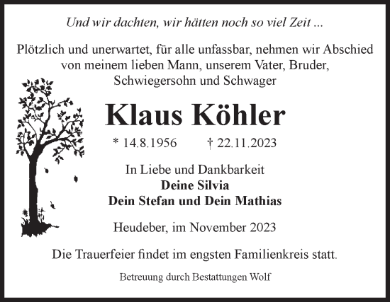Traueranzeige von Klaus Köhler von Volksstimme Wernigerode