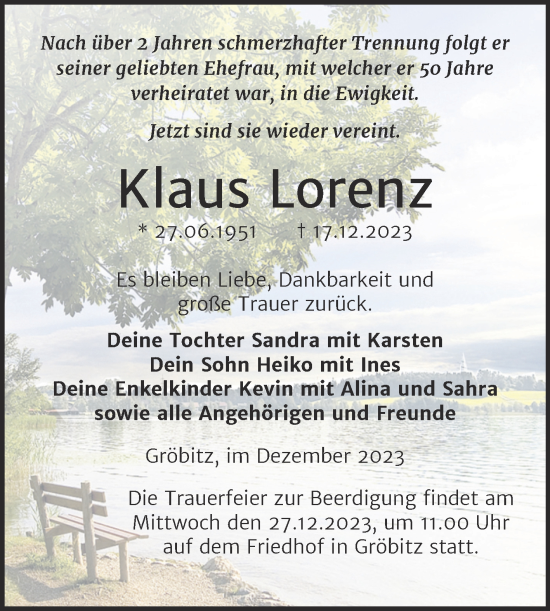 Traueranzeige von Klaus Lorenz von Naumburger Tageblatt