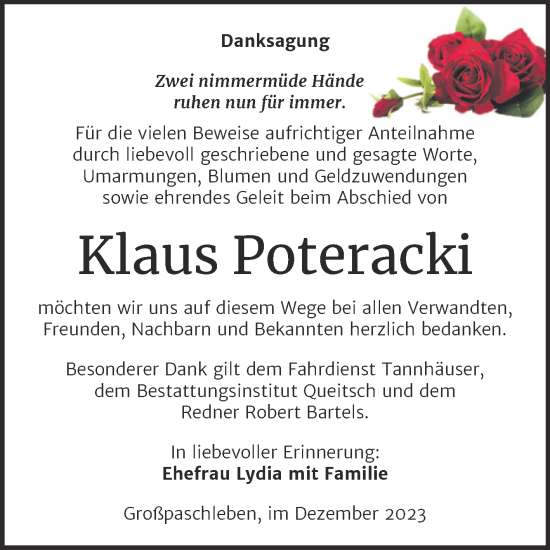 Traueranzeige von Klaus Poteracki von Trauerkombi Köthen