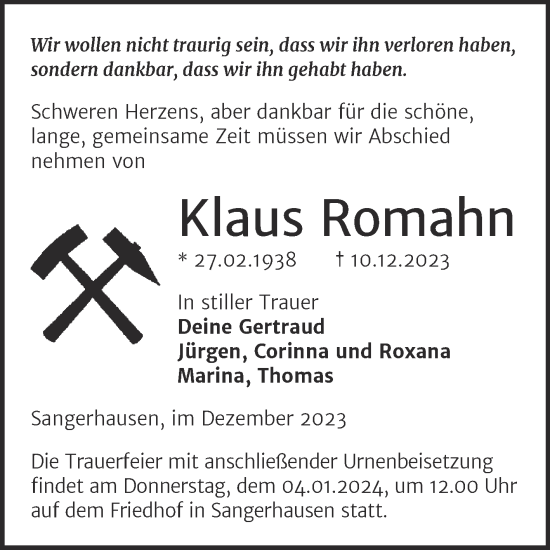 Traueranzeige von Klaus Romahn von Trauerkombi Sangerhausen