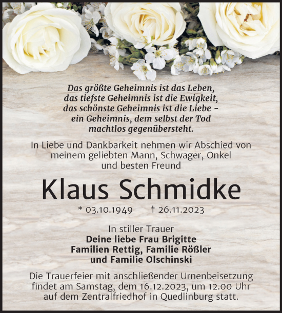 Traueranzeige von Klaus Schmidke von Trauerkombi Quedlinburg