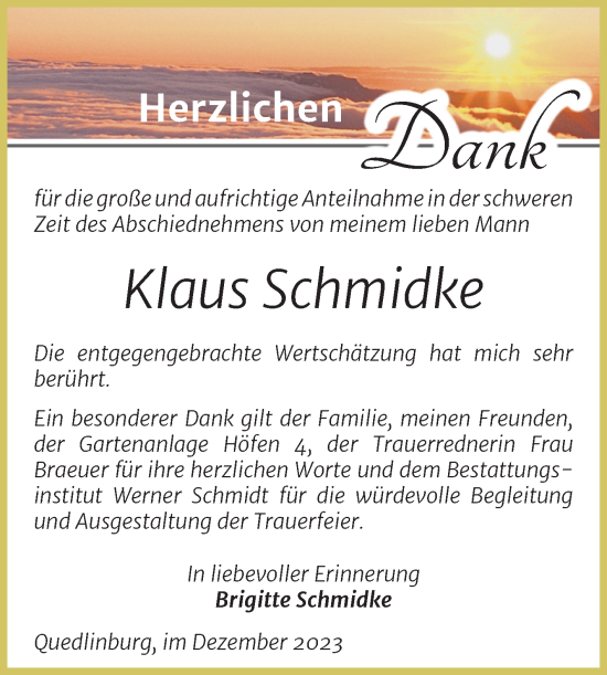 Traueranzeige von Klaus Schmidke von Trauerkombi Quedlinburg