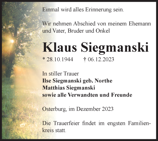 Traueranzeige von Klaus Siegmanski von Volksstimme Altmark Ost