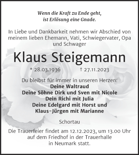 Traueranzeige von Klaus Steigemann von Trauerkombi Merseburg