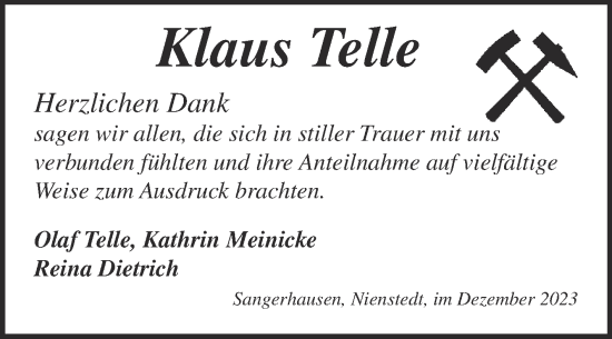 Traueranzeige von Klaus Telle von Trauerkombi Sangerhausen