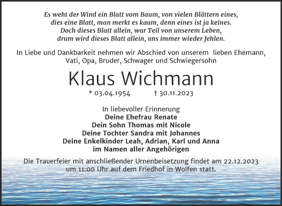 Traueranzeige von Klaus Wichmann von Trauerkombi Bitterfeld