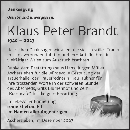 Traueranzeige von Klaus Peter Brandt von Trauerkombi Aschersleben