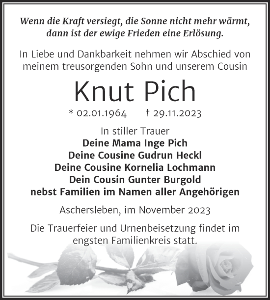 Traueranzeige von Knut Pich von Trauerkombi Aschersleben