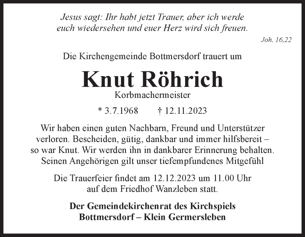  Traueranzeige für Knut Röhrich vom 02.12.2023 aus Volksstimme Oschersleben/Wanzleben