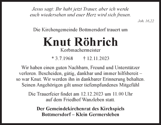 Traueranzeige von Knut Röhrich von Volksstimme Oschersleben/Wanzleben