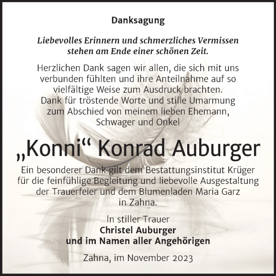 Traueranzeige von Konrad Auburger von Trauerkombi Wittenberg