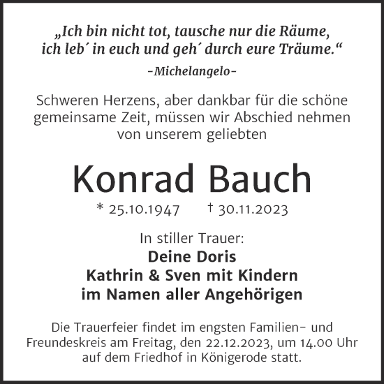 Traueranzeige von Konrad Bauch von Super Sonntag Quedlingburg