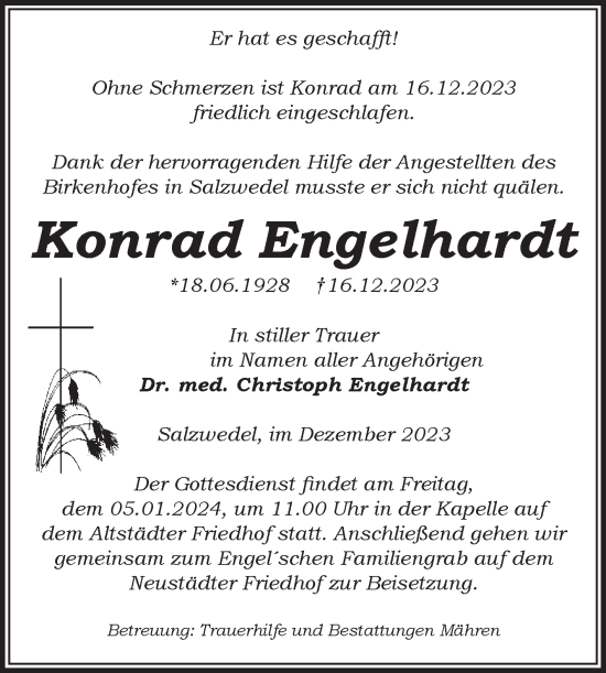 Traueranzeige von Konrad Engelhardt von Volksstimme Altmark West