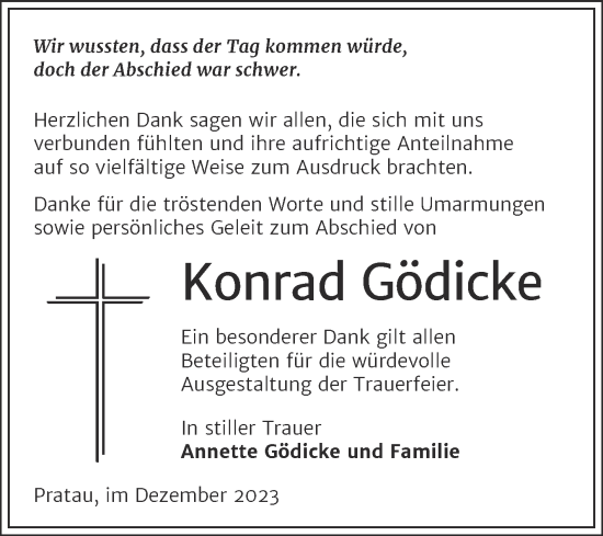 Traueranzeige von Konrad Gödicke von Trauerkombi Wittenberg