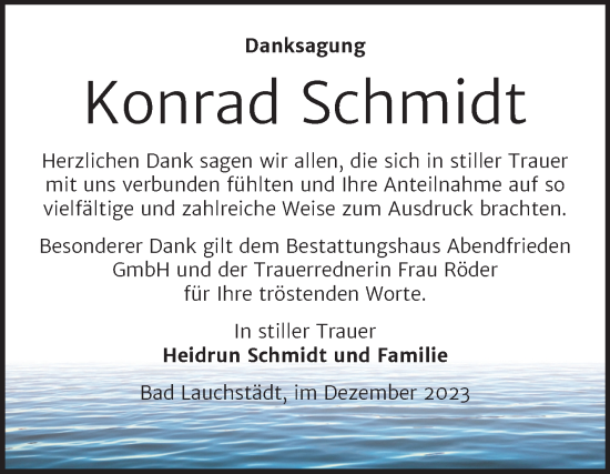 Traueranzeige von Konrad Schmidt von Trauerkombi Merseburg
