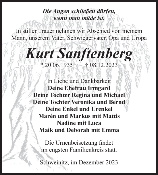 Traueranzeige von Kurt Sanftenberg von Volksstimme Zerbst