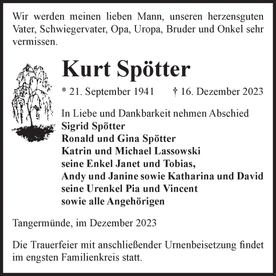 Traueranzeige von Kurt Spötter von Volksstimme Altmark Ost