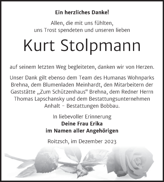 Traueranzeige von Kurt Stolpmann von Trauerkombi Bitterfeld