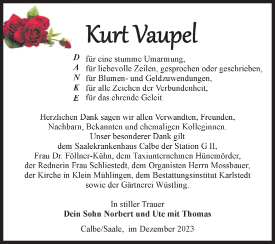 Traueranzeige von Kurt Vaupel von Volksstimme Schönebeck