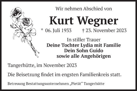 Traueranzeige von Kurt Wegner von Volksstimme Altmark Ost