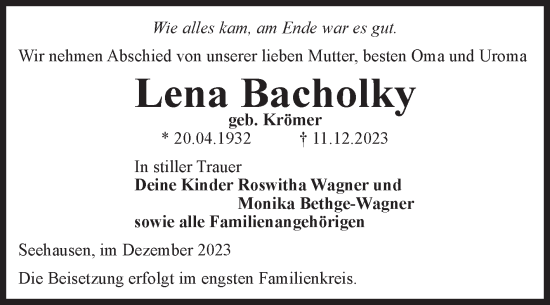 Traueranzeige von Lena Bacholky von Volksstimme Altmark Ost