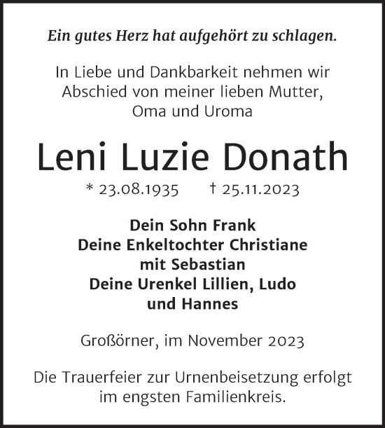 Traueranzeige von Leni Luzie Donath von Trauerkombi Mansfelder Land