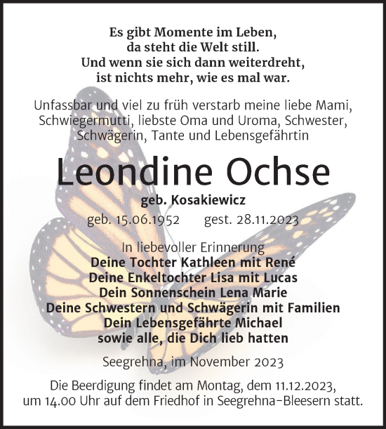 Traueranzeige von Leondine Ochse von Trauerkombi Wittenberg
