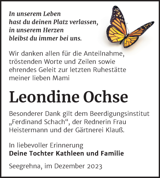 Traueranzeige von Leondine Ochse von Trauerkombi Wittenberg