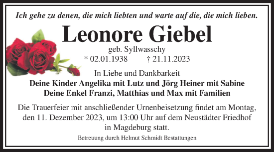 Traueranzeige von Leonore Giebel von Volksstimme Magdeburg