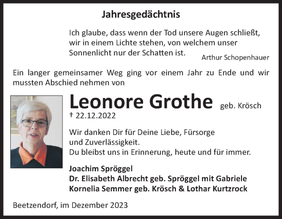 Traueranzeige von Leonore Grothe von Volksstimme Altmark West
