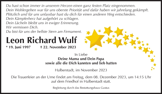 Traueranzeige von Leon Richard Wulf von Volksstimme Halberstadt