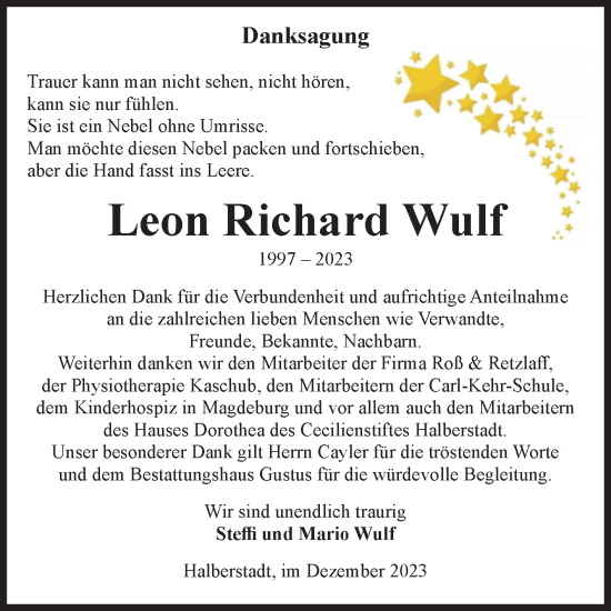 Traueranzeige von Leon Richard Wulf von Volksstimme Halberstadt