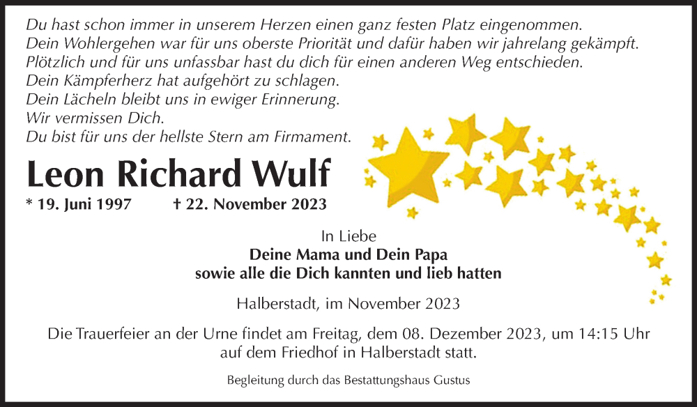  Traueranzeige für Leon Richard Wulf vom 02.12.2023 aus Volksstimme Halberstadt