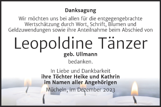 Traueranzeige von Leopoldine Tänzer von Trauerkombi Merseburg