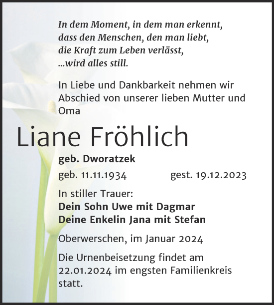 Traueranzeige von Liane Fröhlich von Trauerkombi Weißenfels