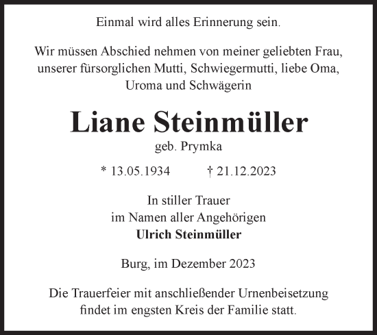 Traueranzeige von Liane Steinmüller von Volksstimme Burg/Genthin