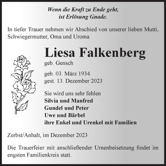 Traueranzeige von Liesa Falkenberg von Volksstimme Zerbst