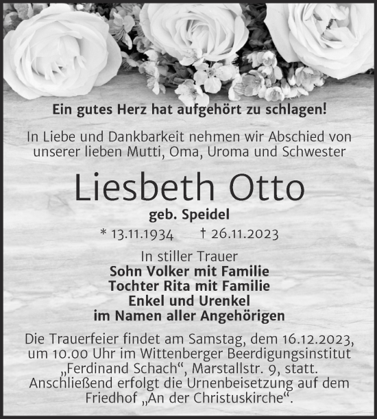 Traueranzeige von Liesbeth Otto von Trauerkombi Wittenberg