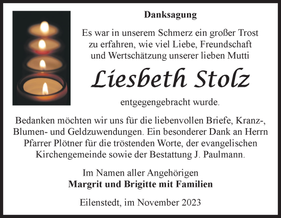 Traueranzeige von Liesbeth Stolz von Volksstimme Halberstadt