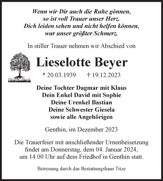 Traueranzeige von Lieselotte Beyer von Volksstimme Burg/Genthin
