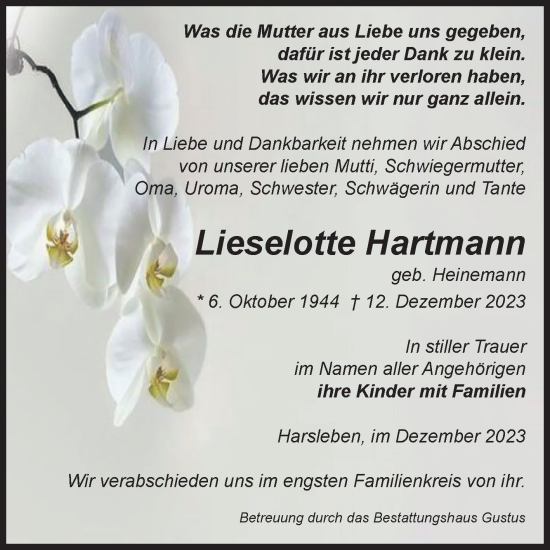 Traueranzeige von Lieselotte Hartmann von Volksstimme Halberstadt