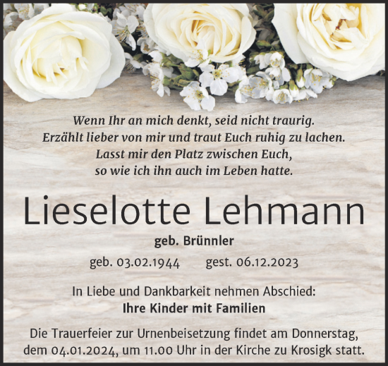 Traueranzeige von Lieselotte Lehmann von Mitteldeutsche Zeitung Halle/Saalkreis