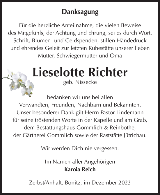 Traueranzeige von Lieselotte Richter von Volksstimme Zerbst