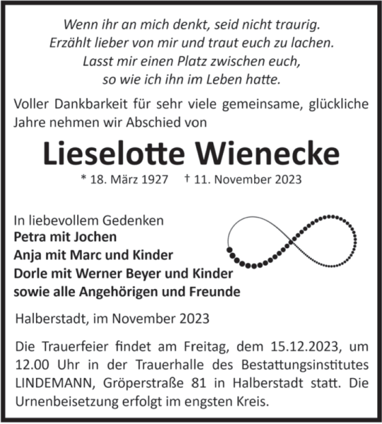 Traueranzeige von Lieselotte Wienecke von Volksstimme Halberstadt