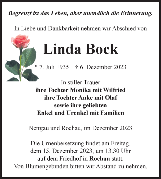Traueranzeige von Linda Bock von Volksstimme Altmark West